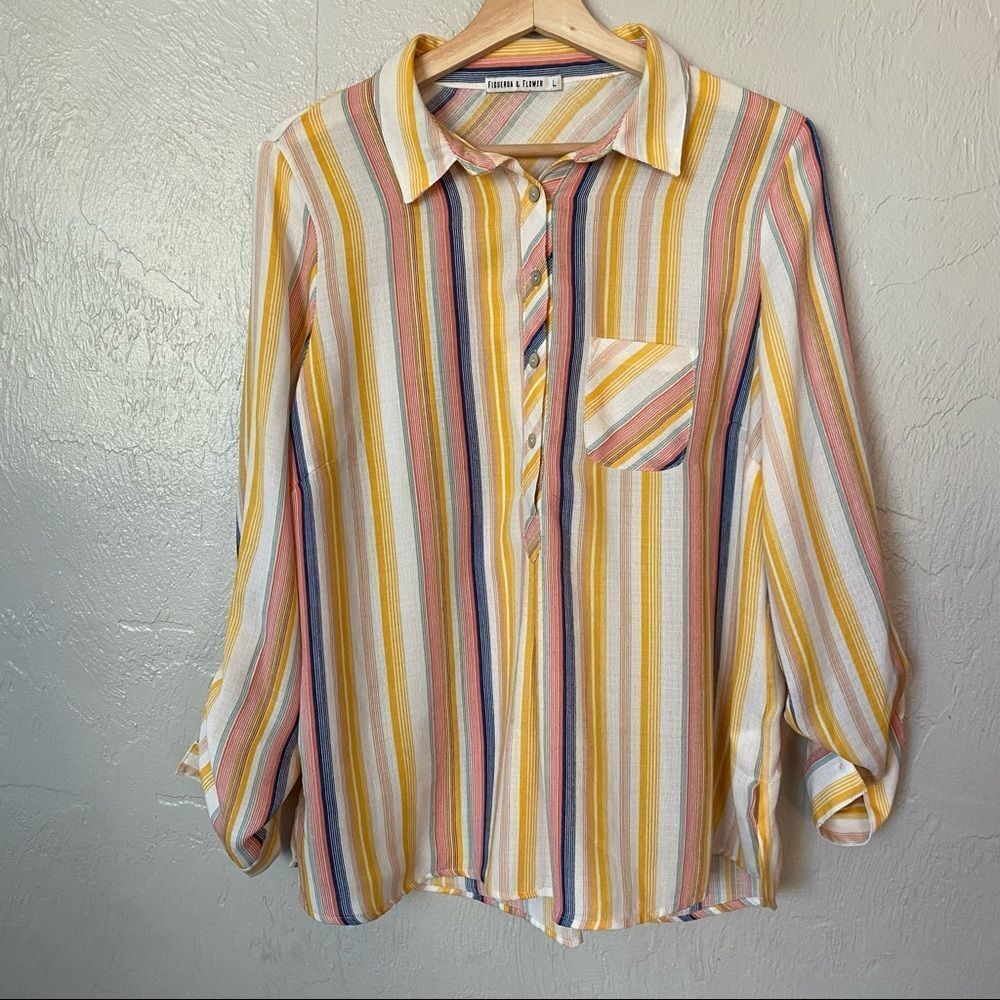 Figueroa & Flower Striped Flower Top 3/4 Button Down